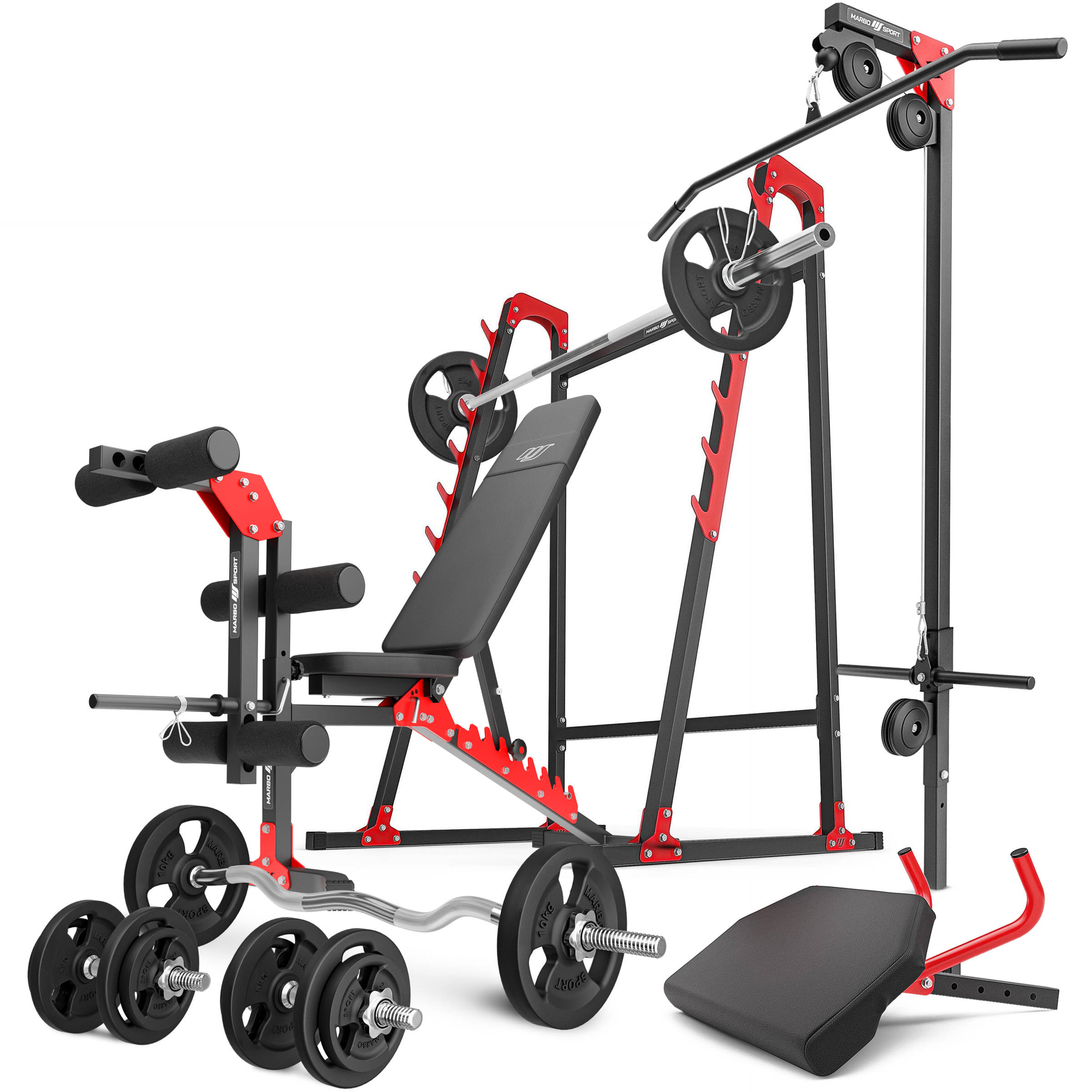 Ensemble MH26, Banc de musculation + supports pour barres + banc à biceps  + extension de jambes + poulie pour traction - Marbo Sport non