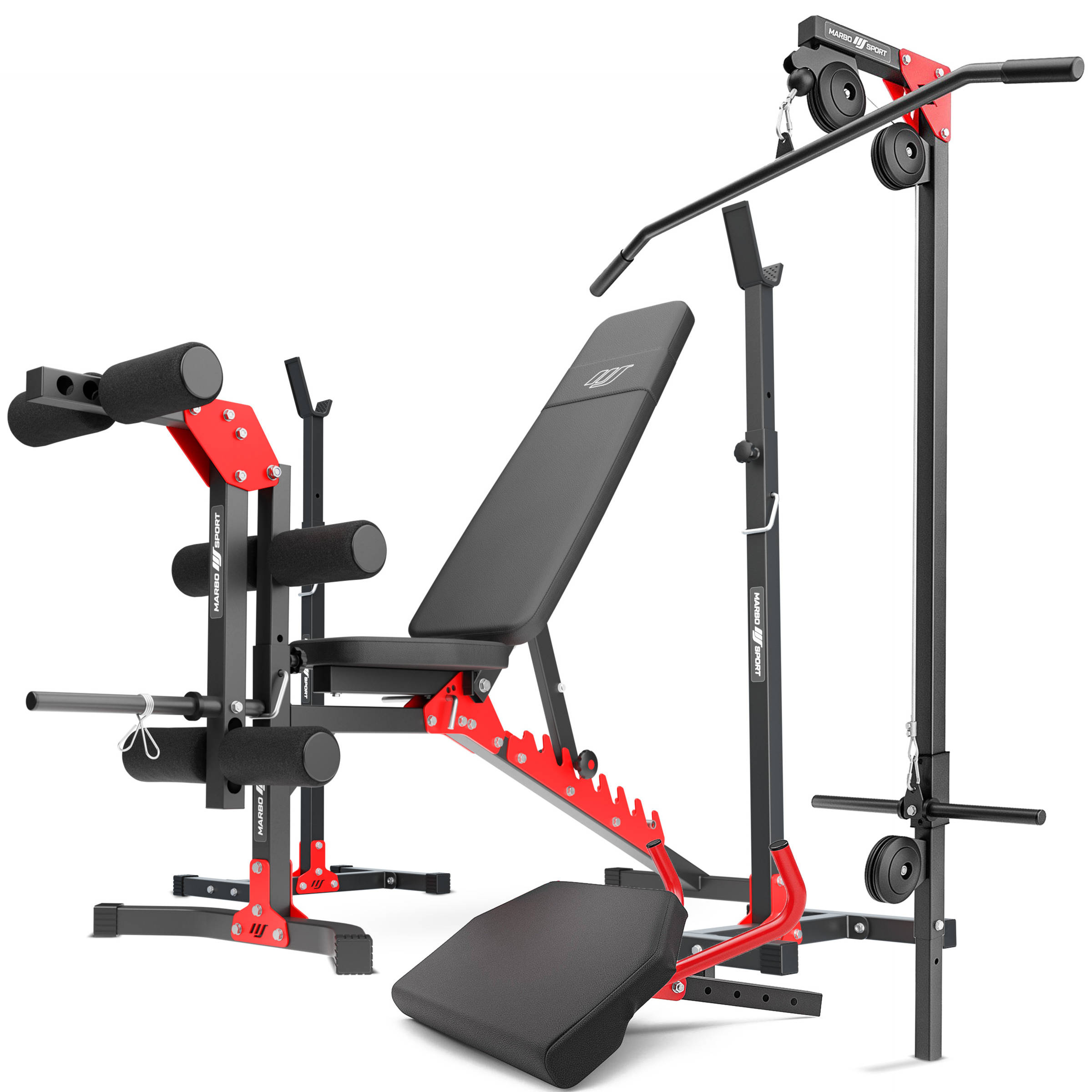 Ensemble MH25 | Banc de musculation + supports pour barres + banc à biceps  + extension de jambes + poulie pour traction - Marbo Sport