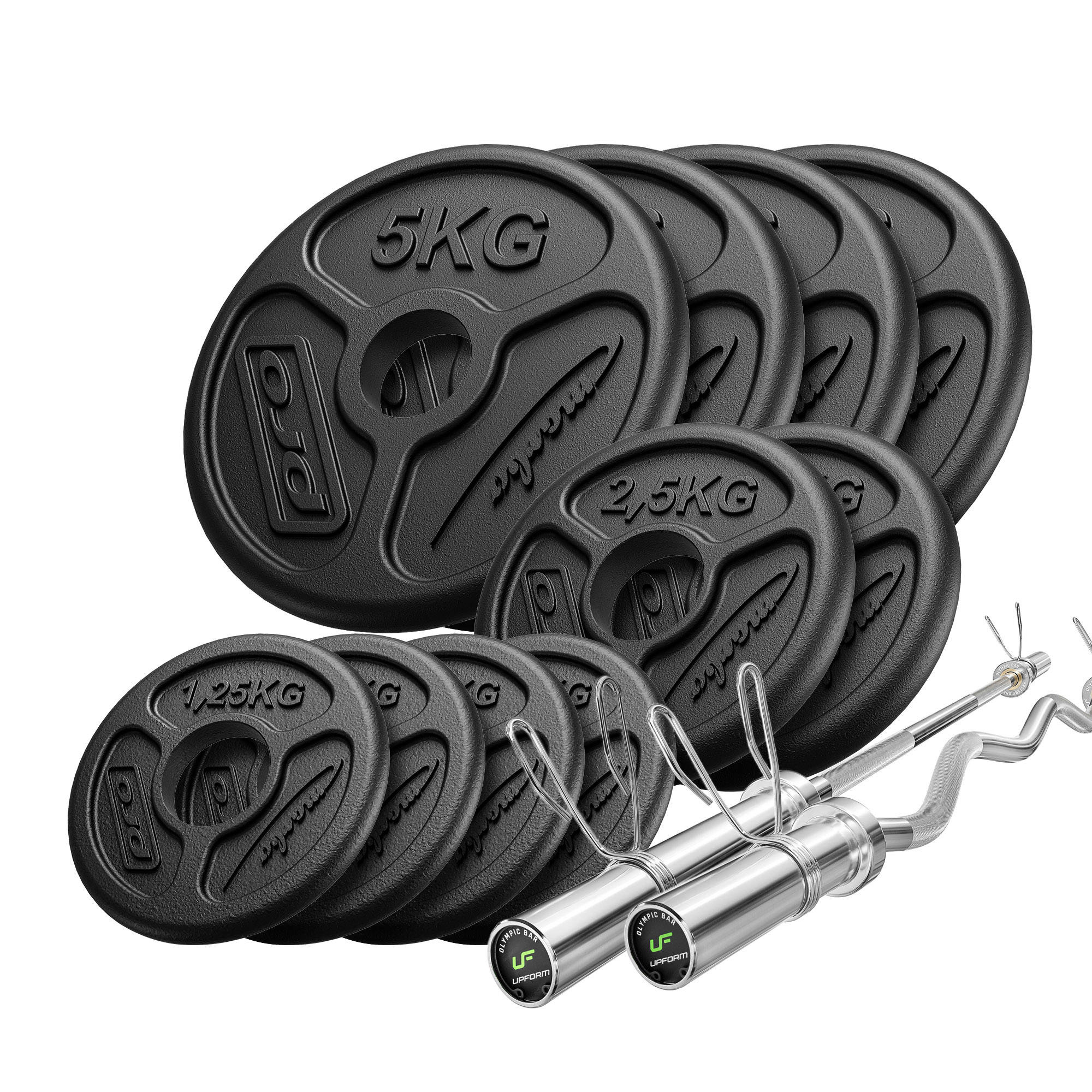 Conjunto 55kg, Barra olímpica de 180 cm + barra de curl ligeramente  curvada de 120 cm + discos de pesas 4x5kg, 2x2,5kg, 4x1,25kg - Marbo Sport  55 kg