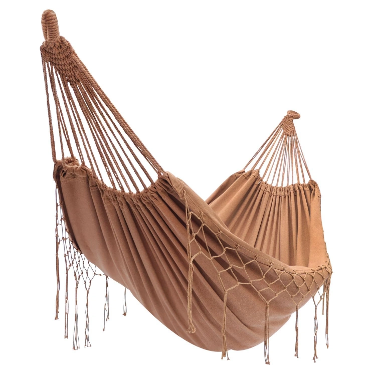 Dwuosobowy hamak ogrodowy z frędzlami w stylu boho brązowy