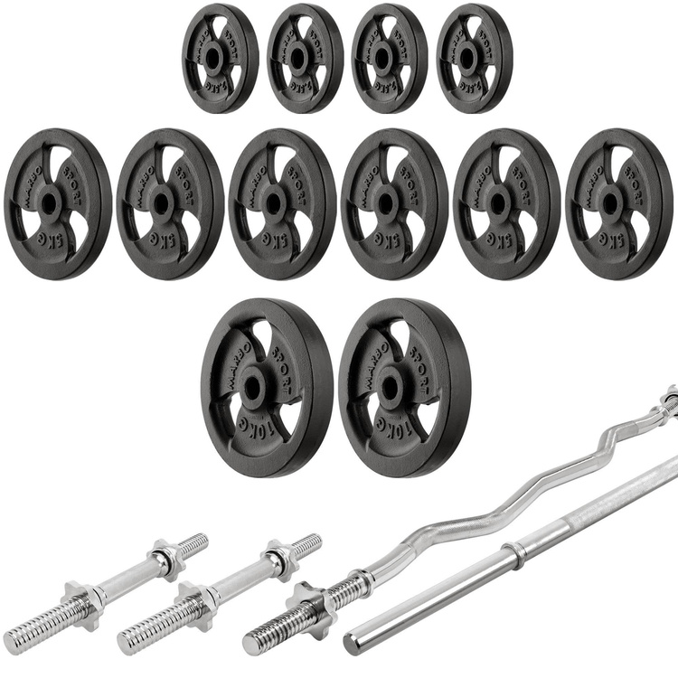 Zestaw MS41_2.0_83KG | Regulowana ławka ze stojakami i skosem ujemnym + modlitewnik + prasa + wyciąg + zestaw gryfów i obciążeń 83 kg - Marbo Sport