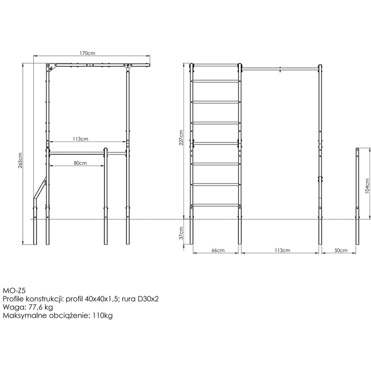Drabinka zewnętrzna + drążek do podciągania z uchwytem na worek + poręcze do dipów (długie) MO-Z5 - Marbo Sport
