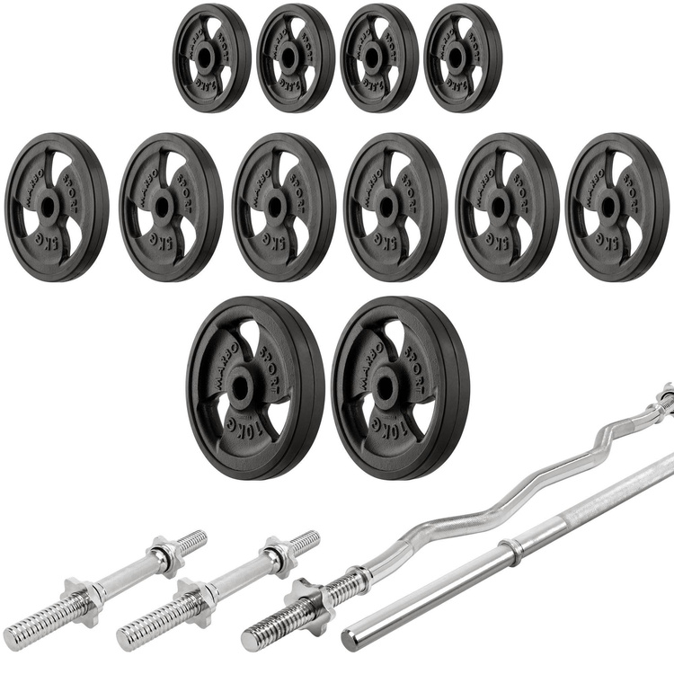 Zestaw MS41_2.0_83KG_G | Regulowana ławka ze stojakami i skosem ujemnym + modlitewnik + prasa + wyciąg + zestaw gryfów i obciążeń gumowanych 83 kg - Marbo Sport