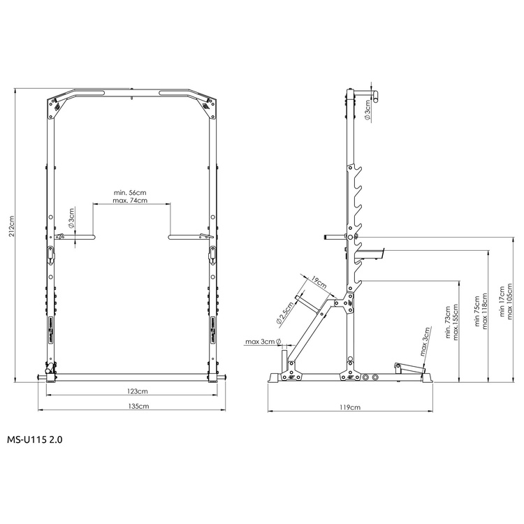Klatka half-rack (drążek do pociągania ze stojakami i poręczami + uchwytem landmine) MS-U115 2.0 - Marbo Sport