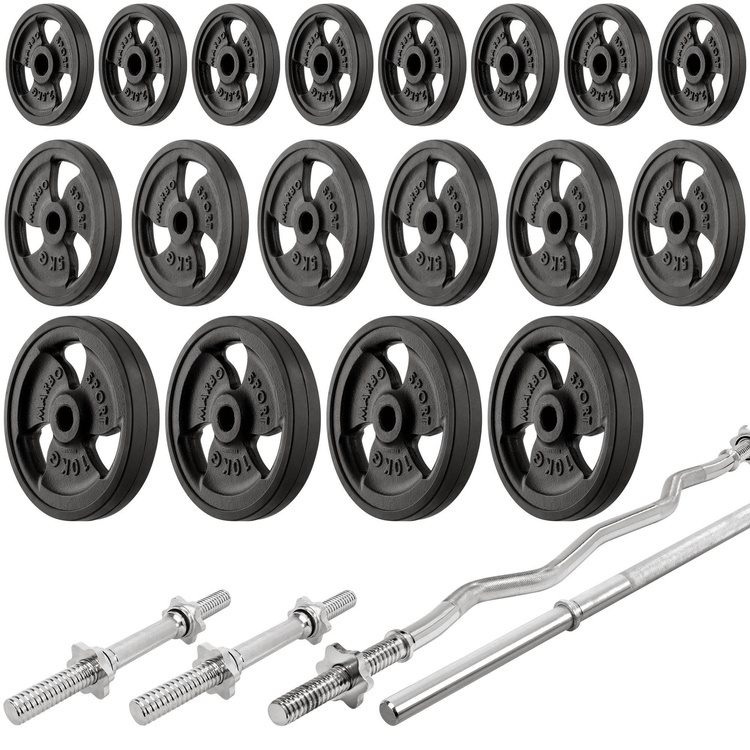 Zestaw MS41_2.0_113KG_G | Regulowana ławka ze stojakami i skosem ujemnym + modlitewnik + prasa + wyciąg + zestaw gryfów i obciążeń gumowanych 113 kg - Marbo Sport