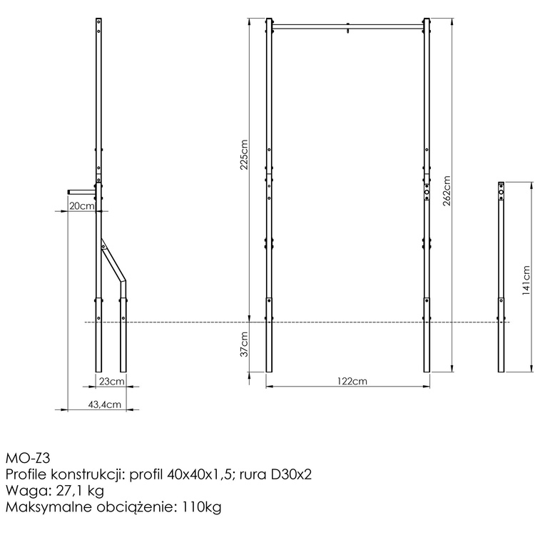 Drążek do podciągania zewnętrzny z uchwytem na worek i krótkimi poręczami do dipów MO-Z3 - Marbo Sport