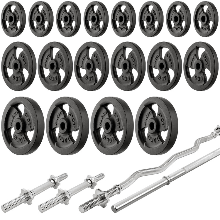 Zestaw MS30_2.0_113KG | Dwustronnie regulowana ławka treningowa + wielopoziomowe stojaki (2 sztuki) pod sztangę z asekuracją + zestaw gryfów i obciążeń 113 kg - Marbo Sport